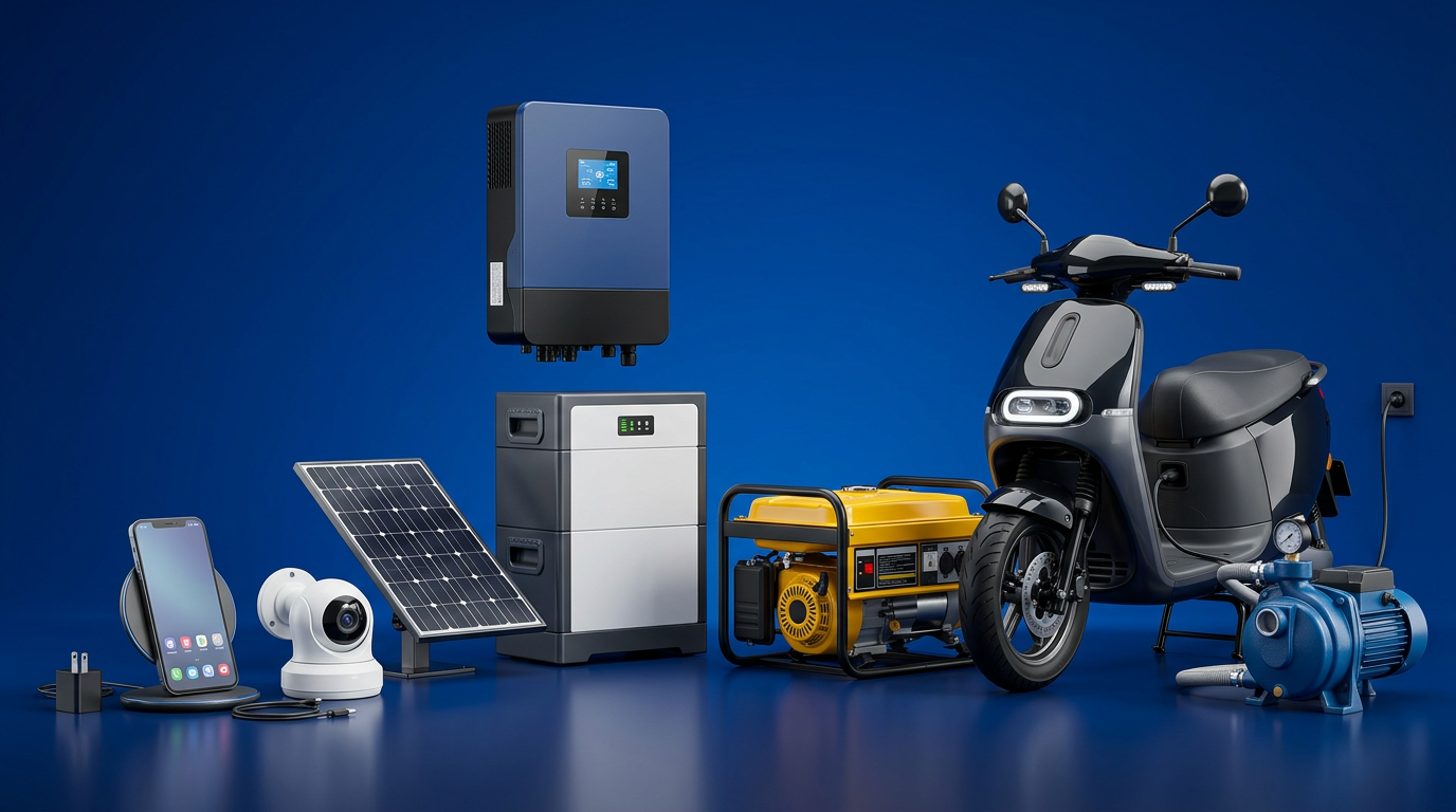 Sélection de produits EBA POWER : téléphone, énergie solaire, batterie, moto électrique et équipements